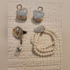 Hearts 4 Pc Jewelry Lot 2 Hair Clips Badge Holder Pearl Bracelet Valentine's